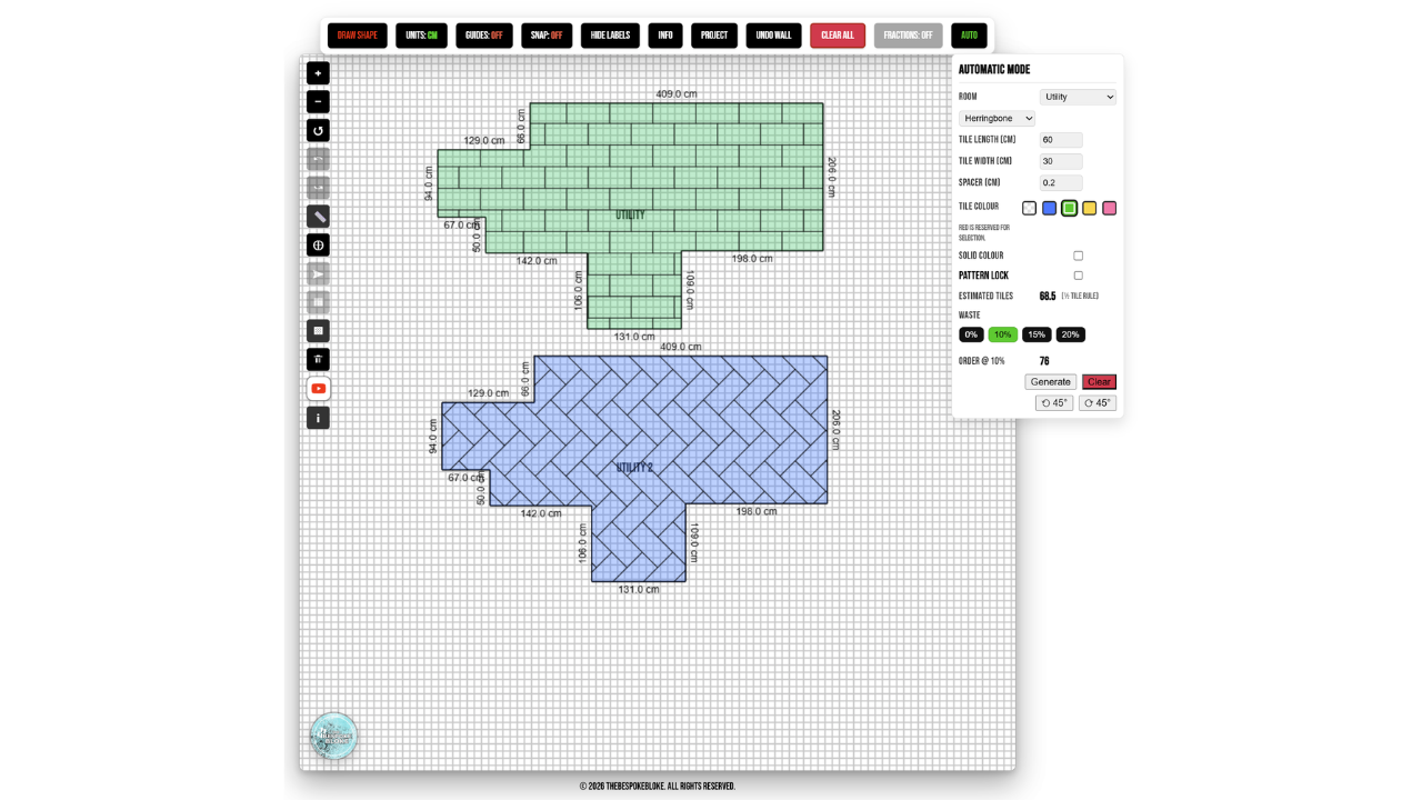 Tile Layout Pro screenshot showing tile count and waste settings
